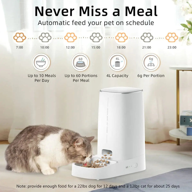 Alimentador Automático Inteligente para Gatos, com Wi-Fi, Controle Remoto - Capacidade 4L