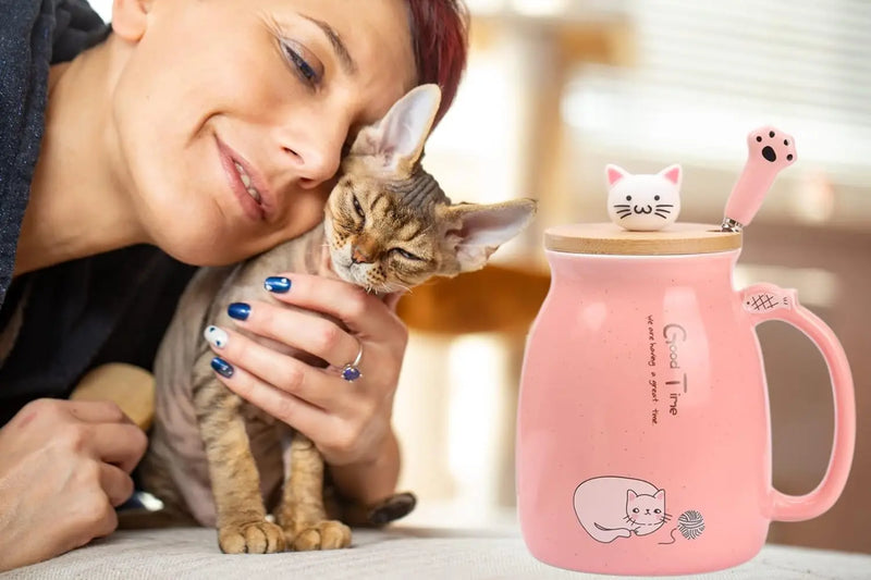 Caneca de Chá e Café em Cerâmica com Gato, 500ml