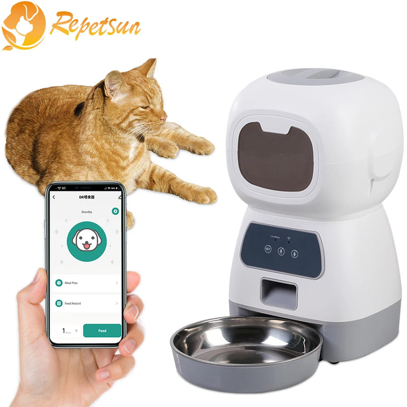 Alimentador Automático Para Gatos, com Gravador de Voz, Controle de Porções Lentas via Wi-Fi - Capacidade 3,5L