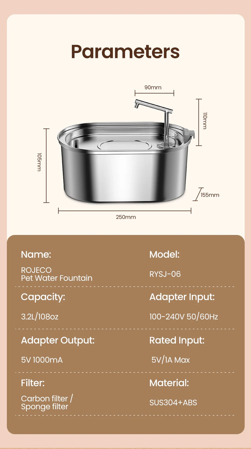 Fonte Automática de Água para Gatos, em Aço Inoxidável - Capacidade 3,2L