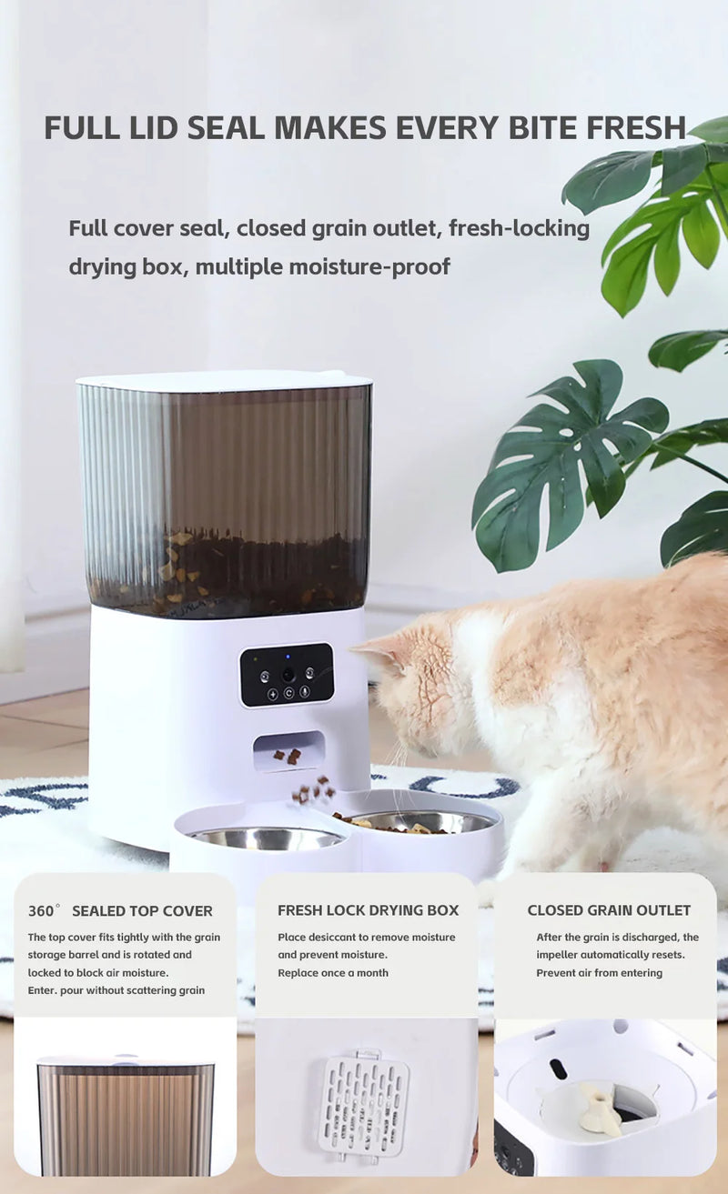 Alimentador Automático Inteligente Para Gatos, com Duas Tijelas, Câmera Integrada - Capacidade 5L